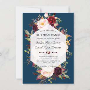 Navy Blue Pink Floral Geometric Probe Dinner Einladung