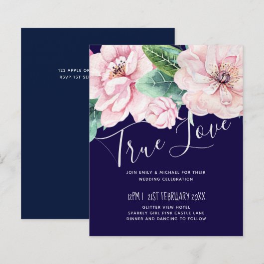 Navy Blue Pink Floral Modernes Hochzeitsbudget (Vorne/Hinten)
