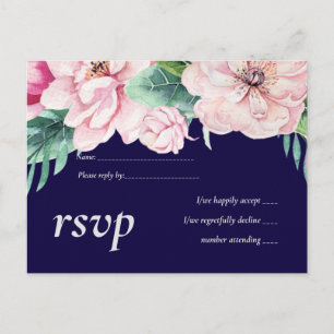 Navy Blue Pink Floral Modernes Hochzeitsbudget Einladungspostkarte