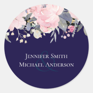Navy Blue Pink Floral Modernes Hochzeitsbudget Runder Aufkleber