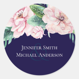 Navy Blue Pink Floral Modernes Hochzeitsbudget Runder Aufkleber