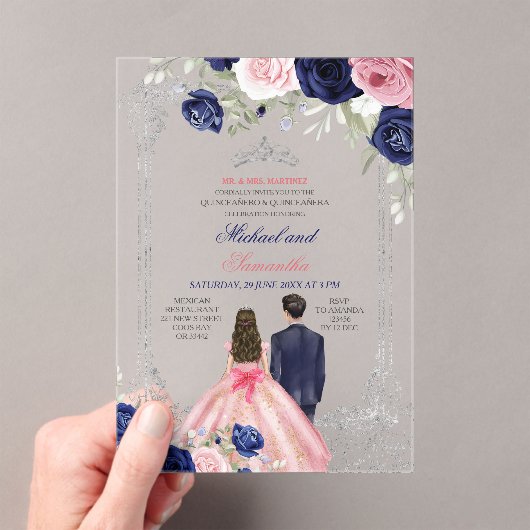 Navy Blue & Pink Floral Twins Silver Quinceañera Acryleinladungen (Insitu (Handheld))