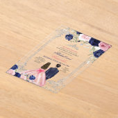 Navy Blue & Pink Floral Twins Silver Quinceañera Acryleinladungen (Ablage )
