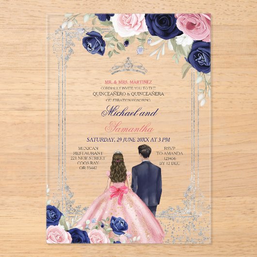 Navy Blue & Pink Floral Twins Silver Quinceañera Acryleinladungen (Vorderseite)