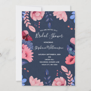 Navy Blue Pink Floral White Letters Brautparty Einladung