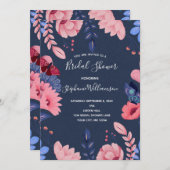 Navy Blue Pink Floral White Letters Brautparty Einladung (Vorne/Hinten)