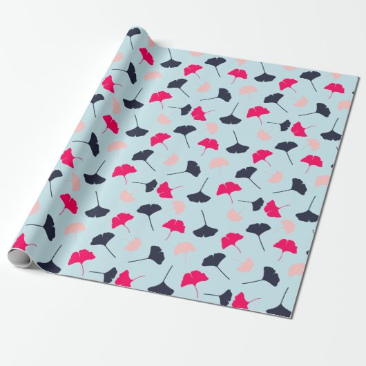 Navy Blue, Pink, Light Blue Ginkgo Blätter Muster Geschenkpapier (Ungerollt)