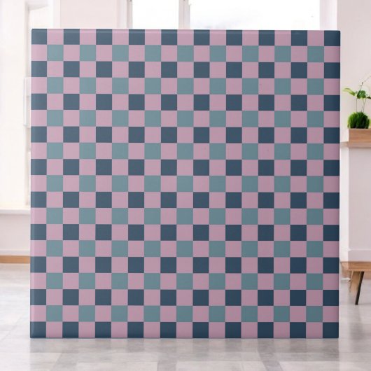 Navy Blue & Pink Lila Checkered Pattern Retro Fliese