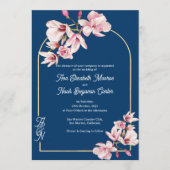Navy Blue Pink Magnolia Elegant Floral Wedding Einladung (Vorderseite)