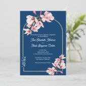 Navy Blue Pink Magnolia Elegant Floral Wedding Einladung (Stehend Vorderseite)