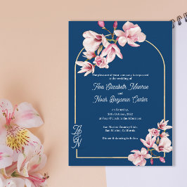 Navy Blue Pink Magnolia Elegant Floral Wedding Einladung