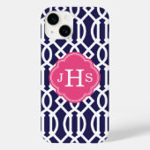 Navy Blue & Pink Modern Trellis Monogram Case-Mate iPhone Hülle (Rückseite)