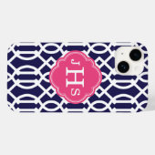 Navy Blue & Pink Modern Trellis Monogram Case-Mate iPhone Hülle (Rückseite (Horizontal))