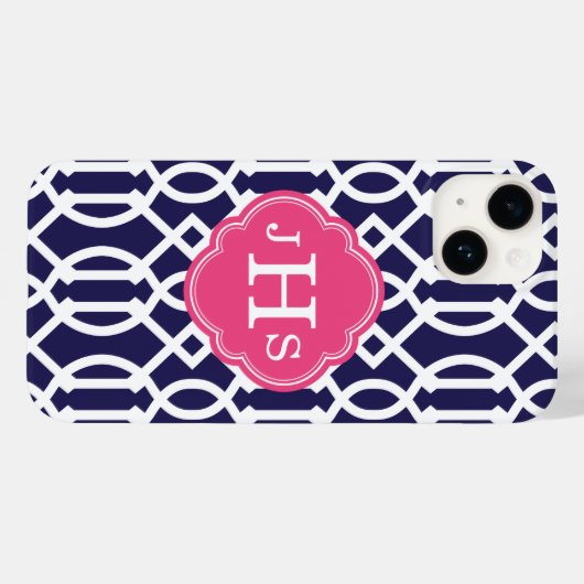 Navy Blue & Pink Modern Trellis Monogram Case-Mate iPhone Hülle (Rückseite (Horizontal))