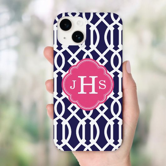 Navy Blue & Pink Modern Trellis Monogram Case-Mate iPhone Hülle