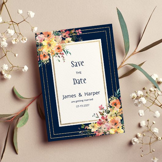 Navy blue pink orange gold floral Save the Date Einladung
