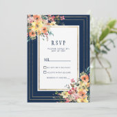 Navy blue pink orange gold floral spring RSVP Einladung (Stehend Vorderseite)