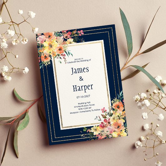 Navy blue pink orange gold floral spring Wedding  Einladung