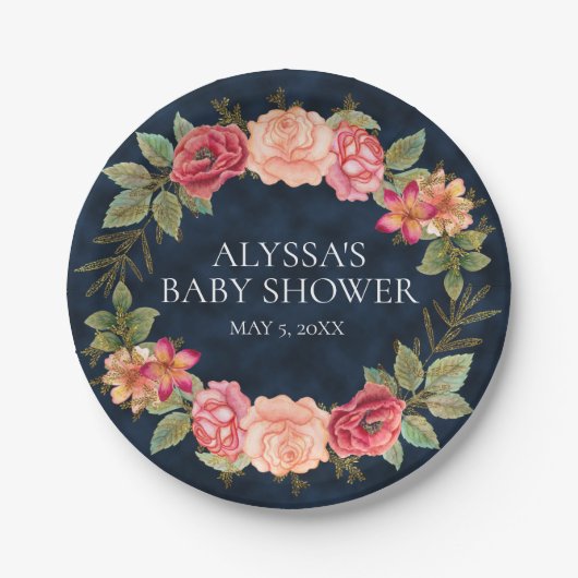Navy Blue Pink Red Floral Custom Baby Dusche Pappteller (Vorderseite)