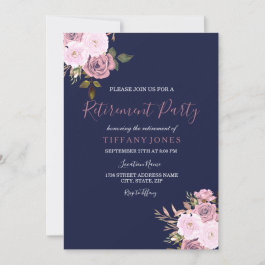 Navy Blue Pink & Rose Gold Rente Party Einladung (Vorderseite)
