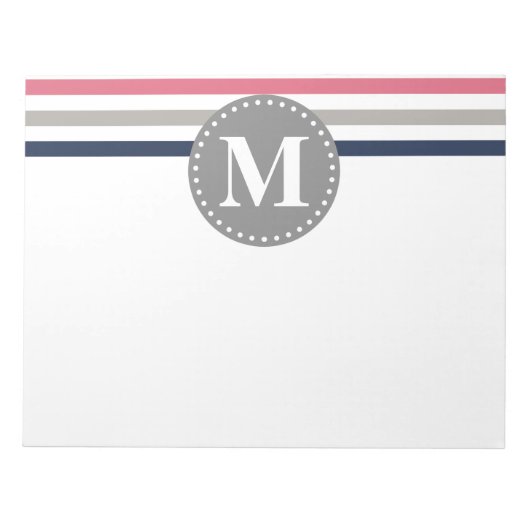 Navy Blue Pink Striping Muster Monogram Notizblock (Vorderseite)