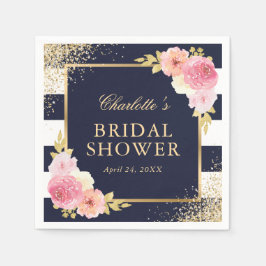 Navy Blue Pink Watercolor Floral Brautparty Serviette