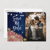 Navy Blue Pink Wedding Foto Save the Date Ankündigungspostkarte (Vorne/Hinten)