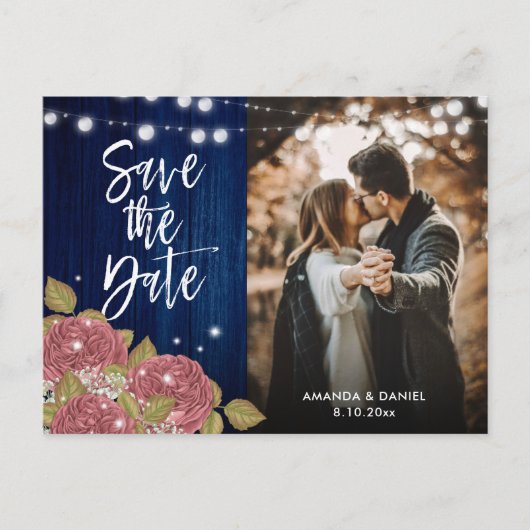 Navy Blue Pink Wedding Foto Save the Date Ankündigungspostkarte (Vorderseite)