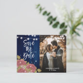 Navy Blue Pink Wedding Foto Save the Date Ankündigungspostkarte (Stehend Vorderseite)
