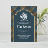 Navy Blue Plaid Frame Ramadan Iftar Invitation Einladung (Stehend Vorderseite)