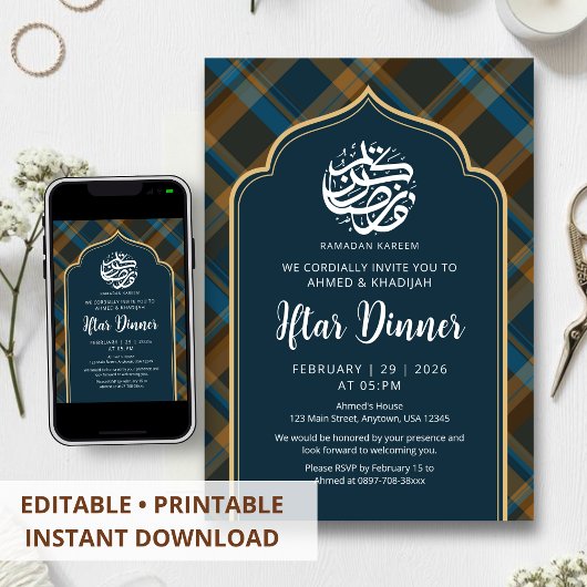 Navy Blue Plaid Frame Ramadan Iftar Invitation Einladung
