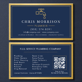 Navy Blue Plumber Contractor QR Code Gold Metallic Visitenkarte