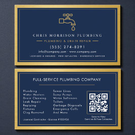 Navy Blue Plumbing Company QR Code Gold Metallic Visitenkarte