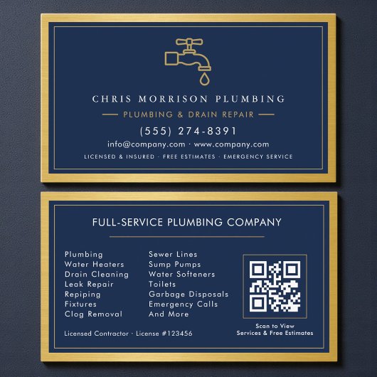 Navy Blue Plumbing Company QR Code Gold Metallic Visitenkarte