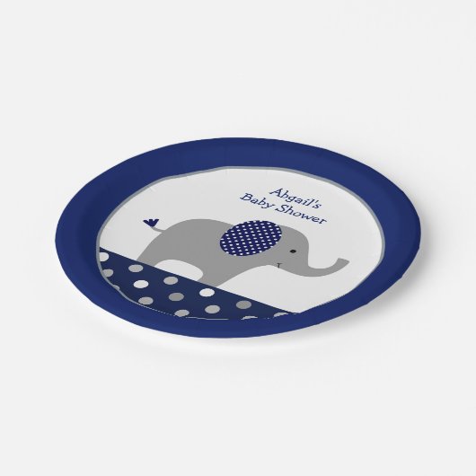 Navy Blue Polka Dot Elephant Baby Dusche Pappteller (Schrägansicht)