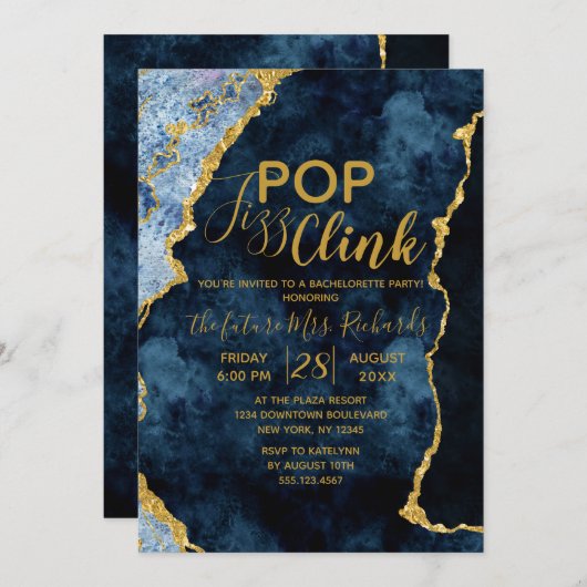 Navy Blue Pop Fizz Clink Junggeselinnen-Abschied E Einladung (Vorne/Hinten)