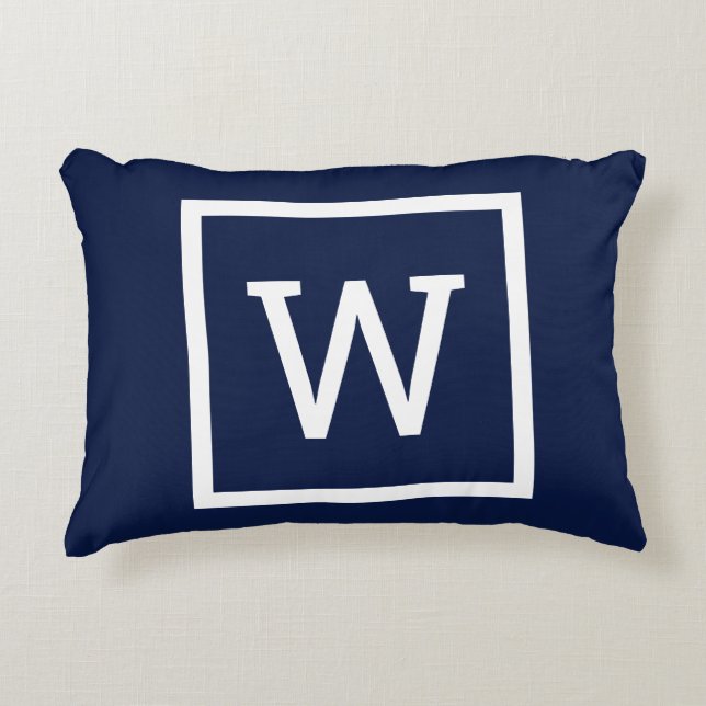 Navy Blue Preppy Graphic Border Monogram Dekokissen (Vorderseite)