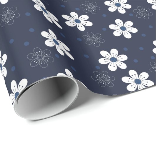 Navy Blue Pretty Floral Pattern Geschenkpapier (Rolleneckpunkt)