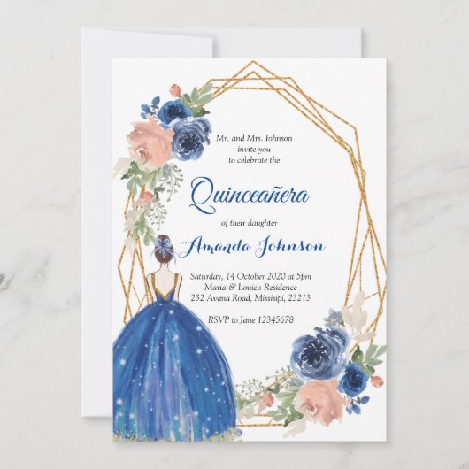 Navy Blue Princess Quinceañera Spanisch 15 Geburts Einladung (Vorderseite)