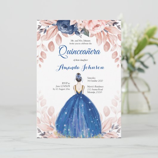 Navy Blue Princess Quinceañera Spanisch 15 Geburts Einladung (Stehend Vorderseite)
