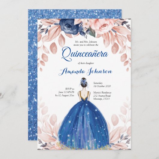 Navy Blue Princess Quinceañera Spanisch 15 Geburts Einladung (Vorne/Hinten)