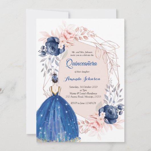 Navy Blue Princess Quinceañera Spanisch 15 Geburts Einladung (Vorderseite)