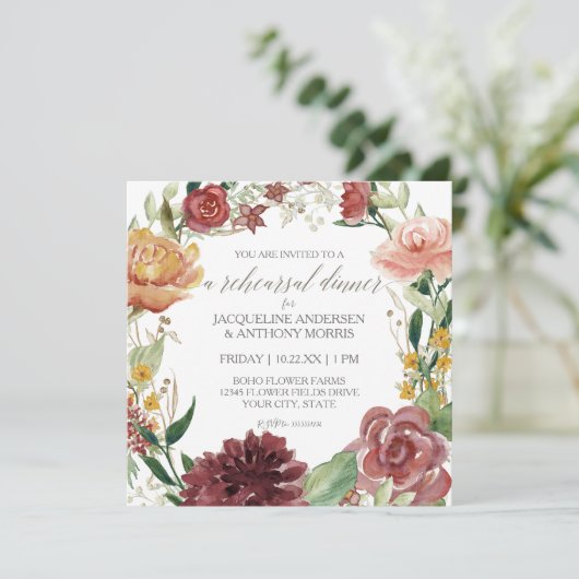 Navy Blue Probe Dinner Rustikale Rote Rose Einladung (Stehend Vorderseite)