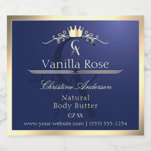 Navy Blue Product Label mit Gold Frame Monogram Alkoholflaschenetikett