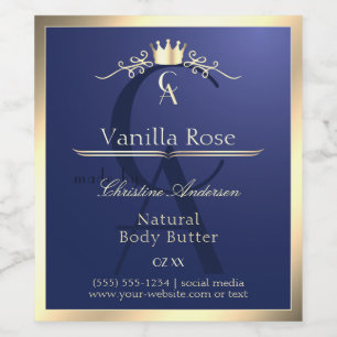 Navy Blue Product Label mit Gold Frame Monogram Weinetikett