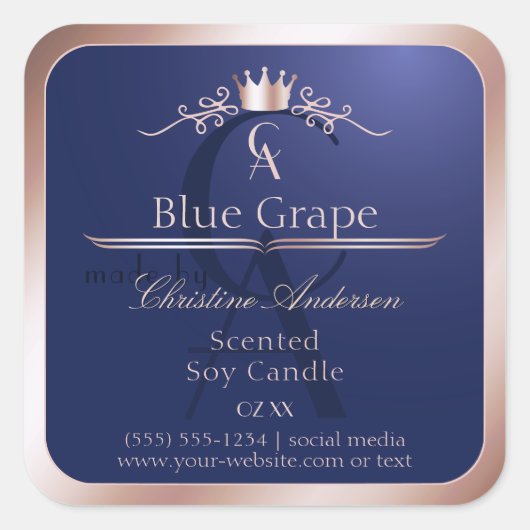 Navy Blue Product Label Rose Gold Frame Monogram Quadratischer Aufkleber (Vorderseite)