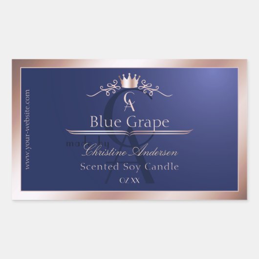 Navy Blue Product Label Rose Gold Frame Monogram Rechteckiger Aufkleber (Vorderseite)