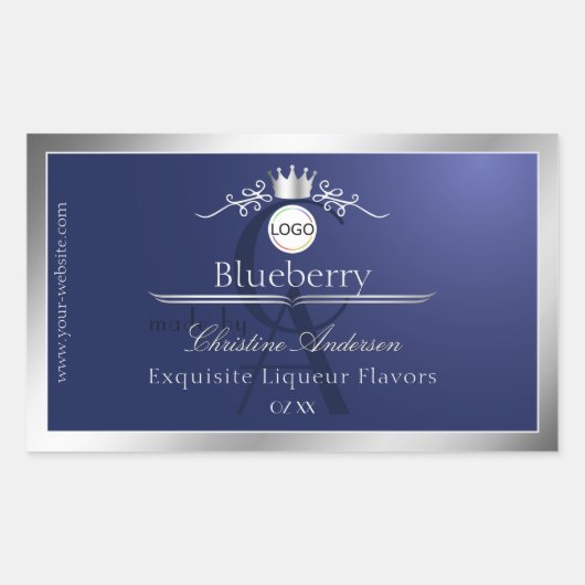 Navy Blue Product Label Silver Frame Logo Monogram Rechteckiger Aufkleber (Vorderseite)