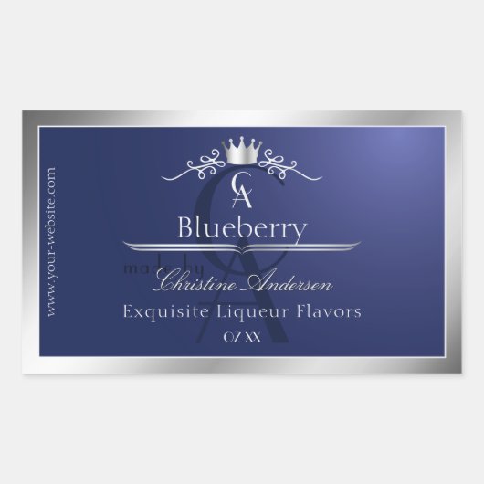 Navy Blue Product Label with Silver Frame Monogram Rechteckiger Aufkleber (Vorderseite)