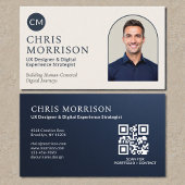 Navy Blue Professional QR Code Photo Metallic Visitenkarte